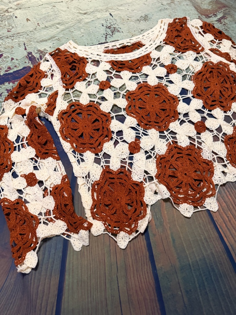 Kings Road Crochet Lace Top in White and Rust
